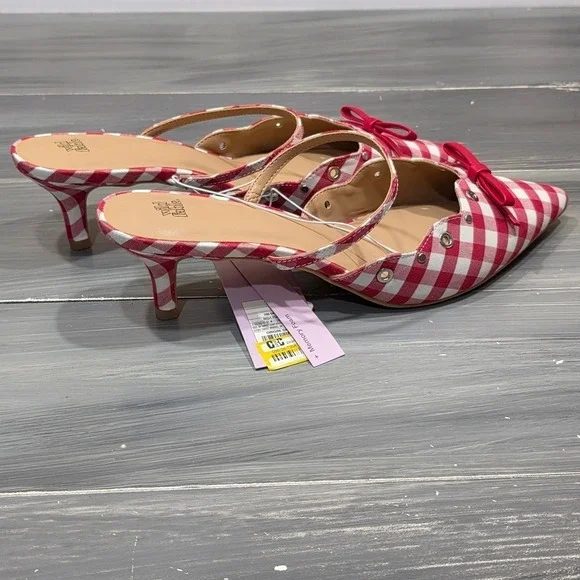 Wild Fable Lysandra Kitten Heels Sandals Red White Gingham Eyelet Pointed Toe - Picture 10 of 14